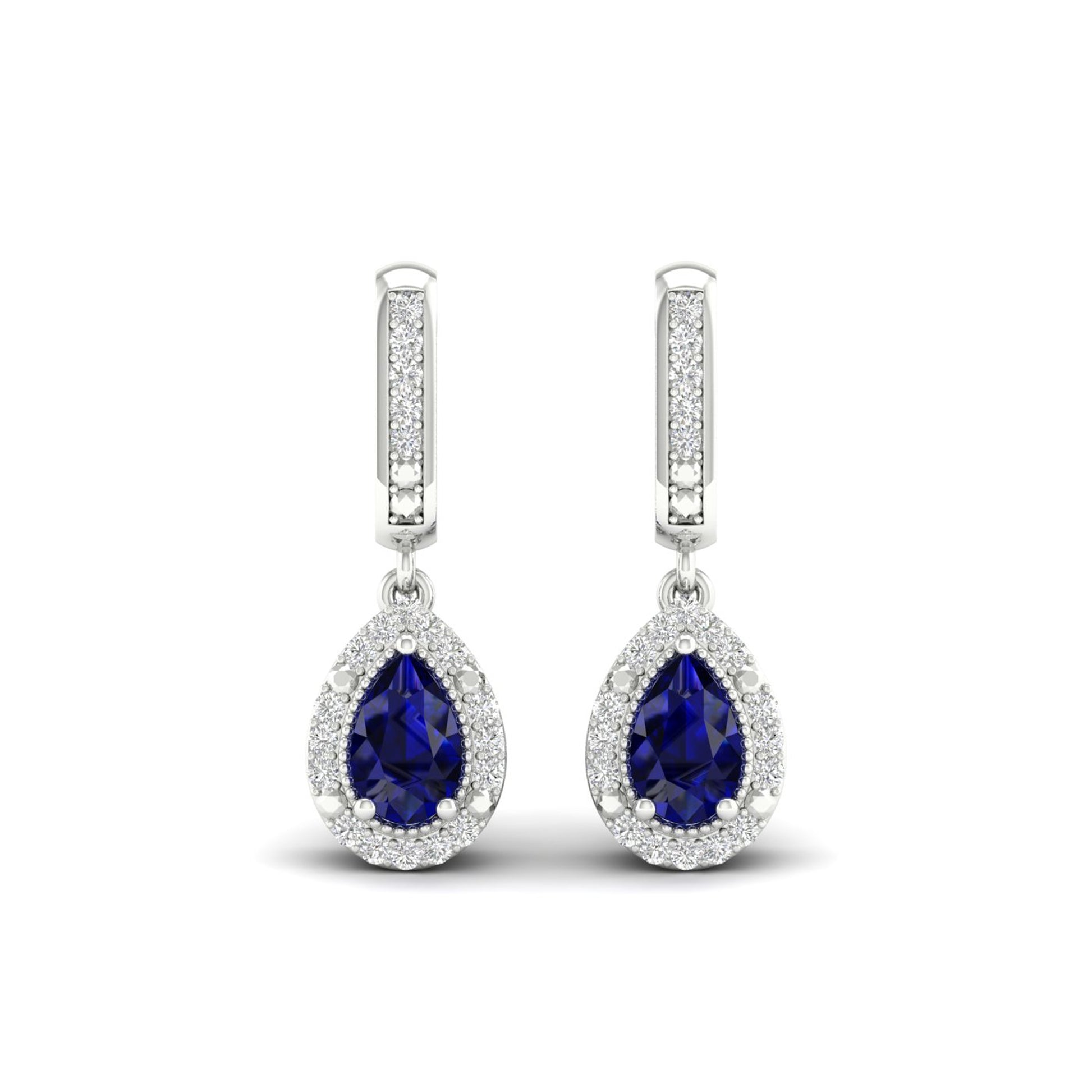 Blue Pear-Shaped Sapphire and 1/10 ct. tw. Diamond Halo Earrings with Milgrain and Filigree Design in 10K White front view