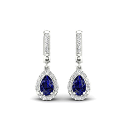 Blue Pear-Shaped Sapphire and 1/10 ct. tw. Diamond Halo Earrings with Milgrain and Filigree Design in 10K White front view