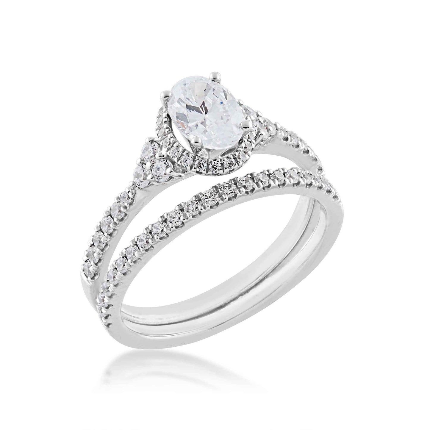 Noventa 1 ct. tw. Oval Diamond Hidden Halo Wedding Set with Cluster Diamond Accented Band in 14K White Gold close-up detail