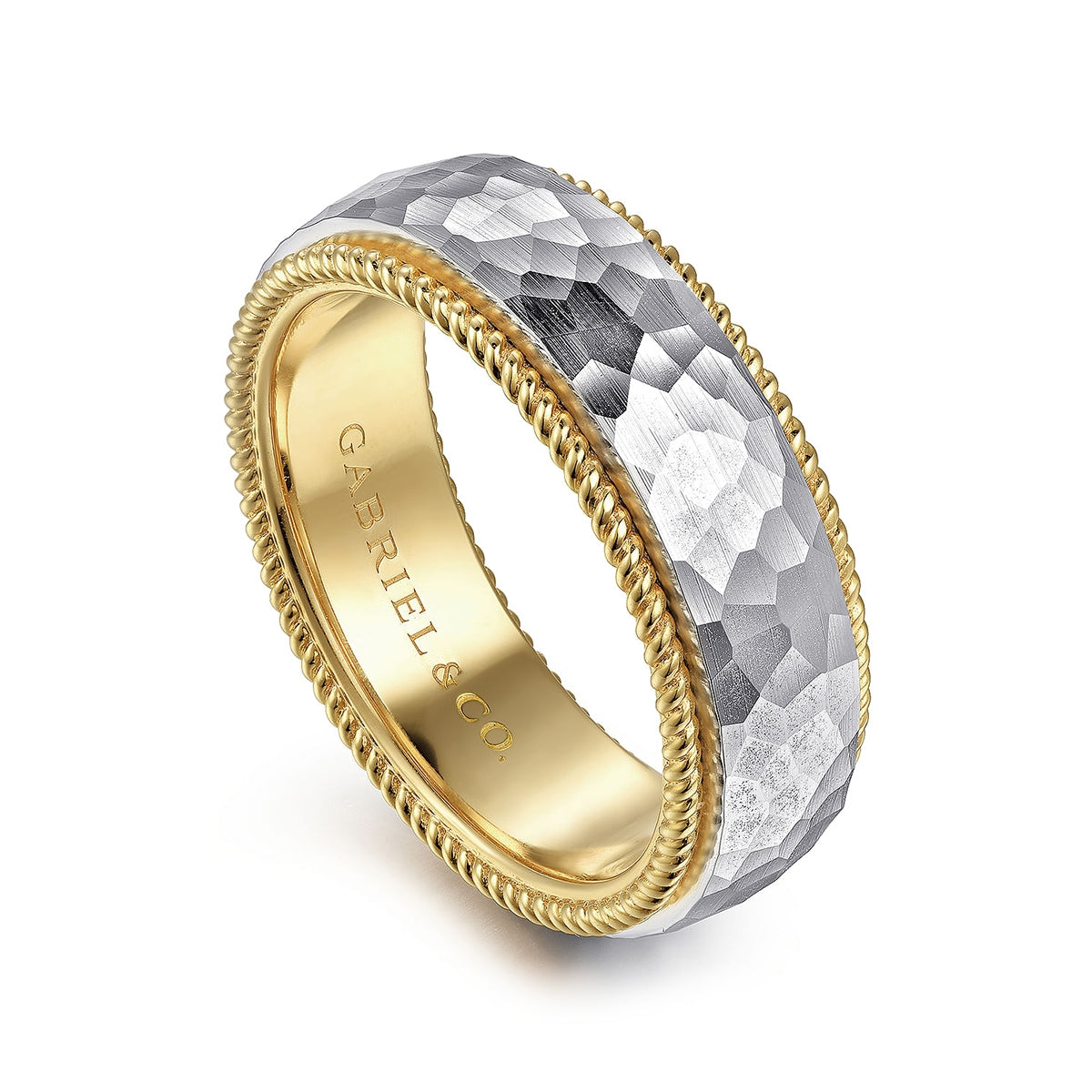Gabriel & Co. Atticus Men's 8mm Hammered Finish Rope Edge Wedding Ring in 14K White & Yellow Gold front view