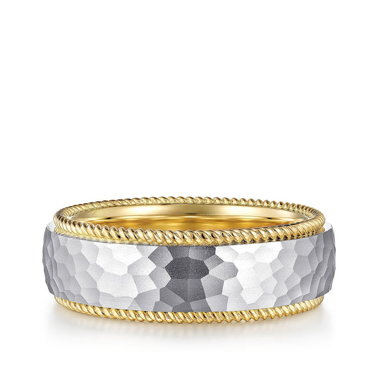 Gabriel & Co. Atticus Men's 8mm Hammered Finish Rope Edge Wedding Ring in 14K White & Yellow Gold