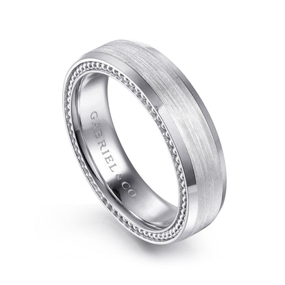 Gabriel & Co. Felix Men's 6mm Satin Finish Milgrain Edge Wedding Ring in 14K White Gold front view