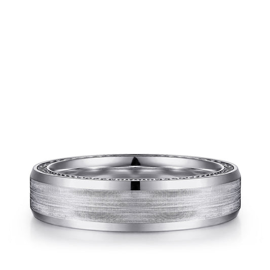 Gabriel & Co. Felix Men's 6mm Satin Finish Milgrain Edge Wedding Ring in 14K White Gold