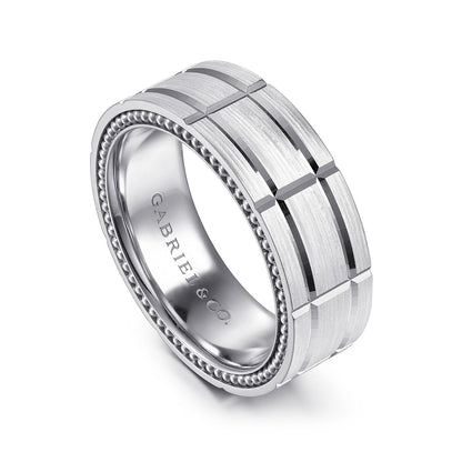 Gabriel & Co. Milo Men's 8mm Satin Finish Checkered Milgrain Edge Wedding Ring in 14K White Gold front view
