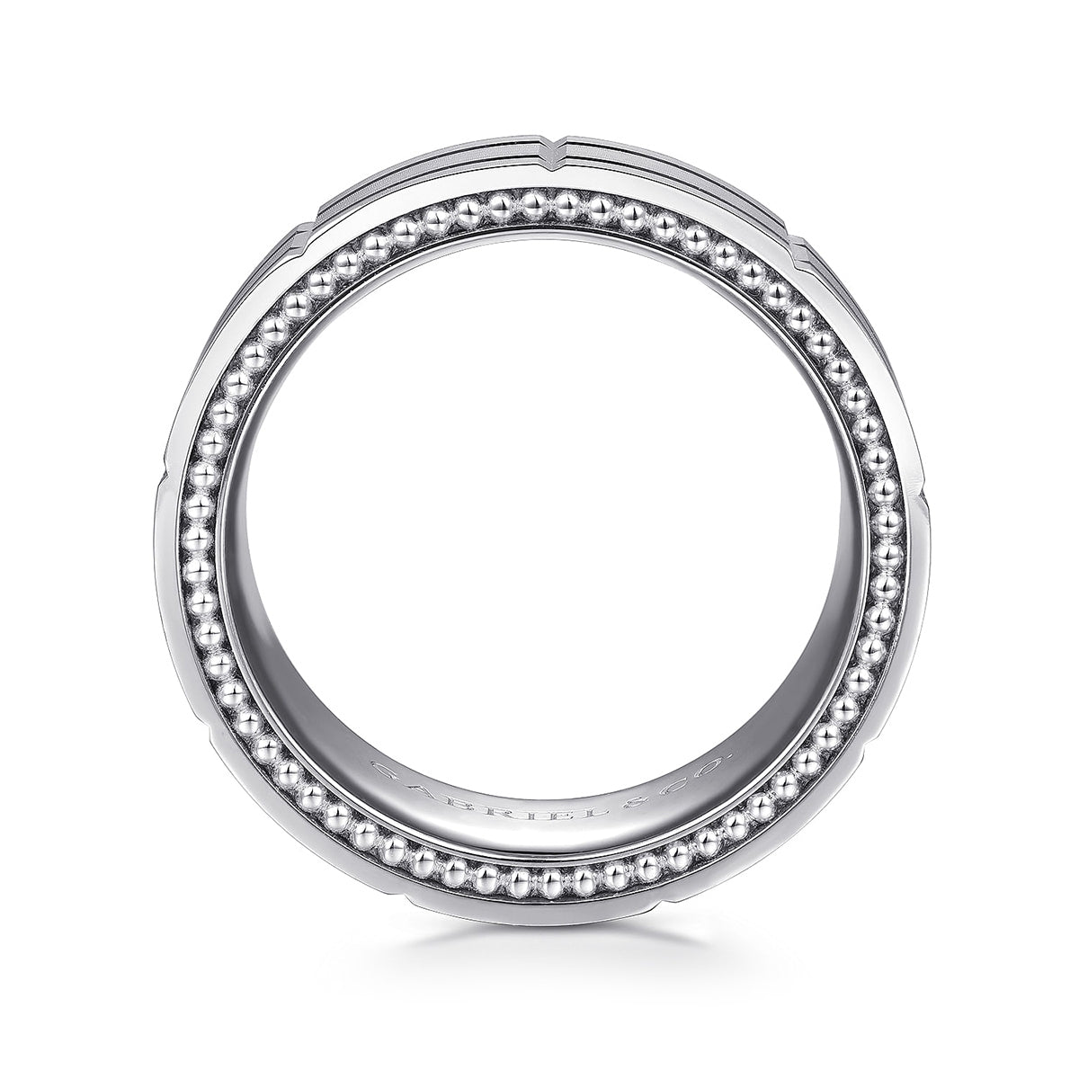 Gabriel & Co. Milo Men's 8mm Satin Finish Checkered Milgrain Edge Wedding Ring in 14K White Gold close-up detail