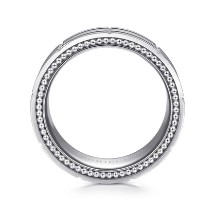 Gabriel & Co. Milo Men's 8mm Satin Finish Checkered Milgrain Edge Wedding Ring in 14K White Gold close-up detail