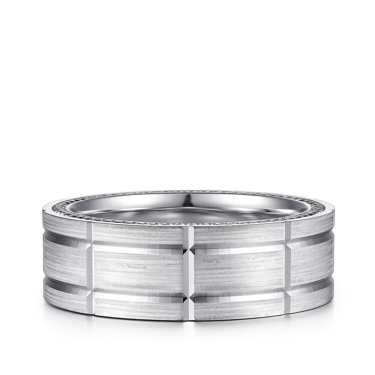 Gabriel & Co. Milo Men's 8mm Satin Finish Checkered Milgrain Edge Wedding Ring in 14K White Gold