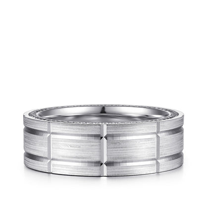Gabriel & Co. Milo Men's 8mm Satin Finish Checkered Milgrain Edge Wedding Ring in 14K White Gold