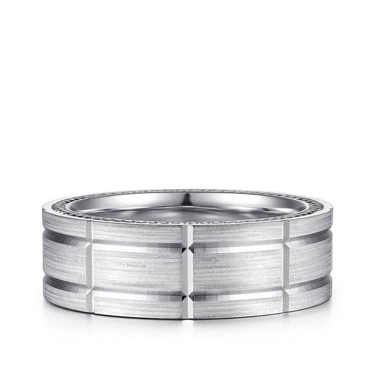 Gabriel & Co. Milo Men's 8mm Satin Finish Checkered Milgrain Edge Wedding Ring in 14K White Gold