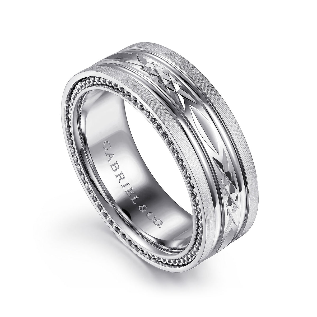 Gabriel & Co. Leo Men's 8mm Satin Finish Carved Milgrain Edge Wedding Ring in 14K White Gold front view
