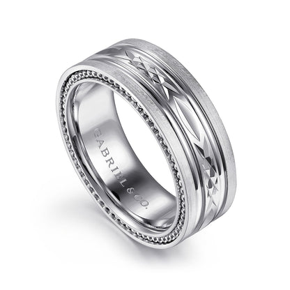 Gabriel & Co. Leo Men's 8mm Satin Finish Carved Milgrain Edge Wedding Ring in 14K White Gold front view