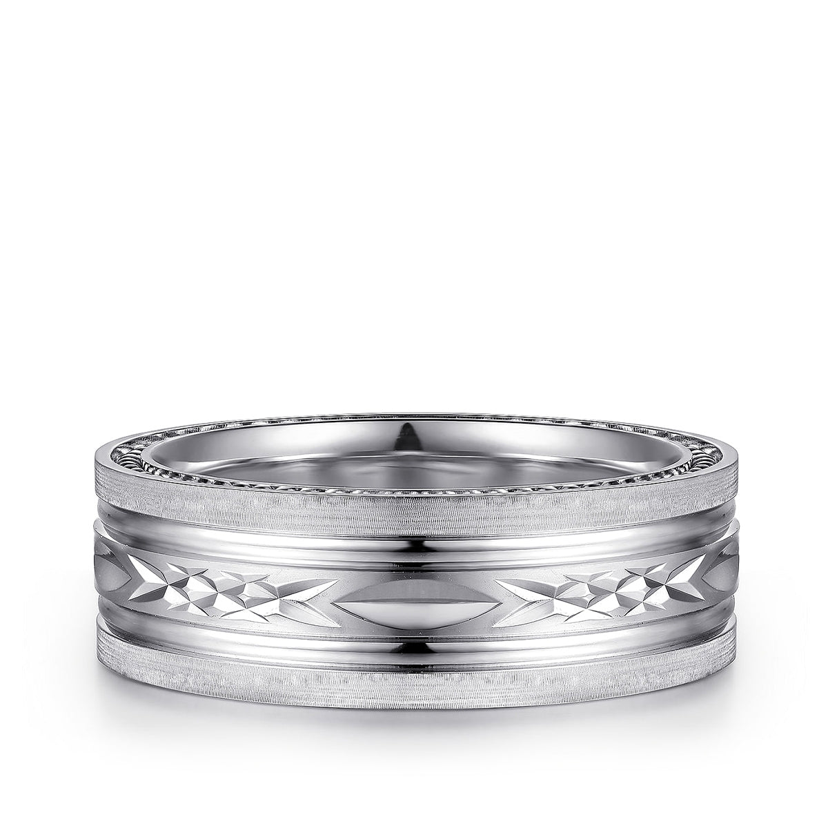 Gabriel & Co. Leo Men's 8mm Satin Finish Carved Milgrain Edge Wedding Ring in 14K White Gold