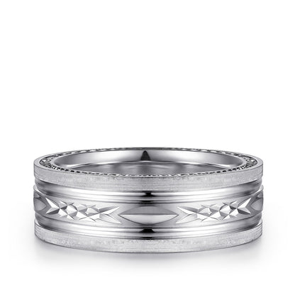 Gabriel & Co. Leo Men's 8mm Satin Finish Carved Milgrain Edge Wedding Ring in 14K White Gold