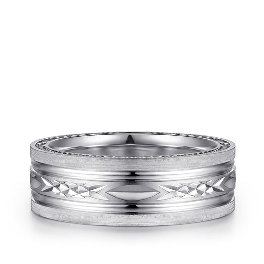 Gabriel & Co. Leo Men's 8mm Satin Finish Carved Milgrain Edge Wedding Ring in 14K White Gold