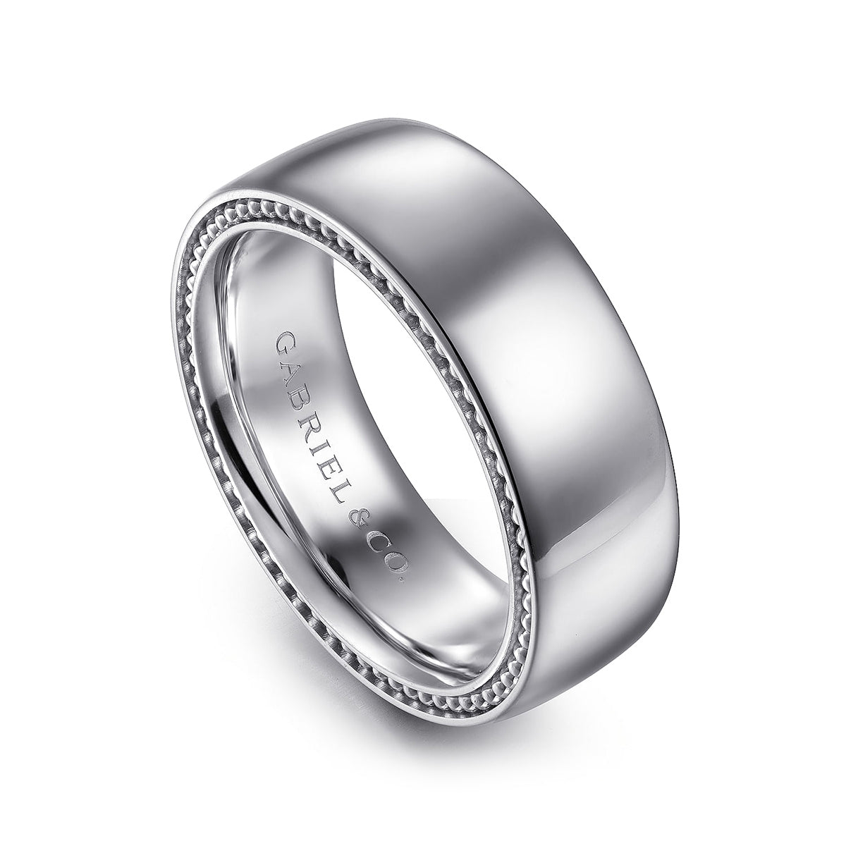 Gabriel & Co. Kai Men's 8mm Polished Finish Milgrain Edge Wedding Ring in 14K White Gold front view