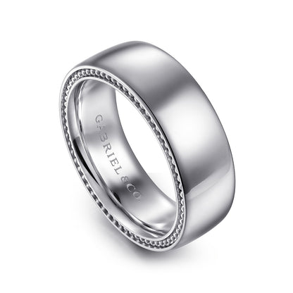 Gabriel & Co. Kai Men's 8mm Polished Finish Milgrain Edge Wedding Ring in 14K White Gold front view