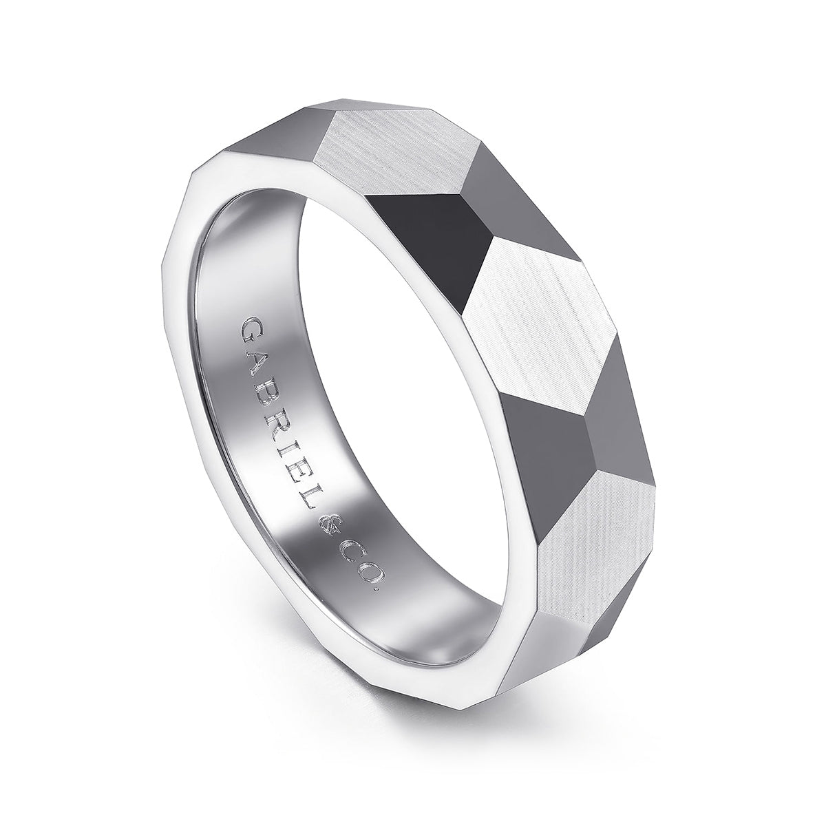 Gabriel & Co. Oscar Men's 6mm Satin Finish Carved Wedding Ring in 14K White Gold front view