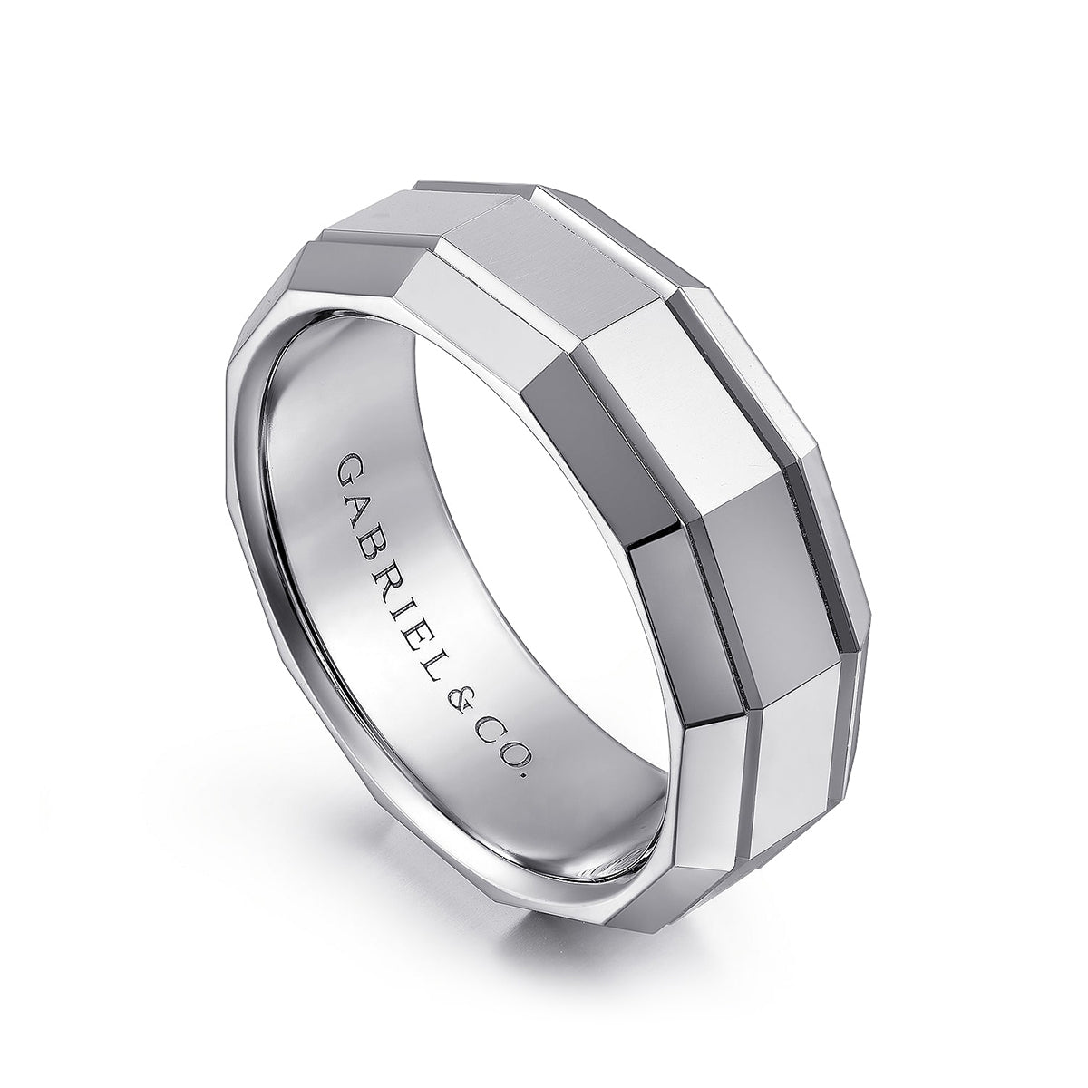 Gabriel & Co. Ray Men's 8mm Polished Finish Angular Wedding Ring in 14K White Gold front view