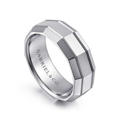 Gabriel & Co. Ray Men's 8mm Polished Finish Angular Wedding Ring in 14K White Gold front view