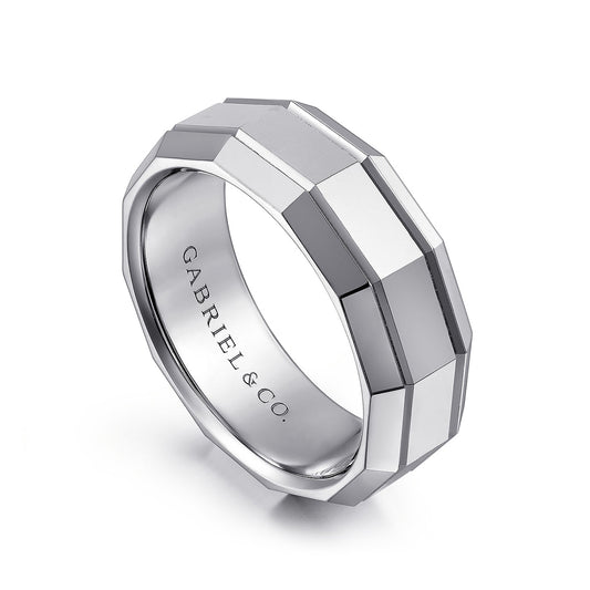 Gabriel & Co. Ray Men's 8mm Polished Finish Angular Wedding Ring in 14K White Gold front view