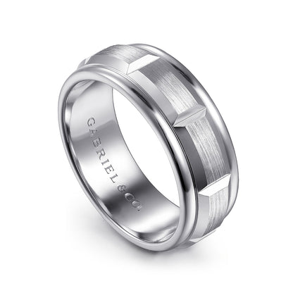 Gabriel & Co. Austin Men's 8mm Satin Finish Carved Station Wedding Ring in 14K White Gold front view