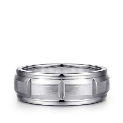 Gabriel & Co. Austin Men's 8mm Satin Finish Carved Station Wedding Ring in 14K White Gold