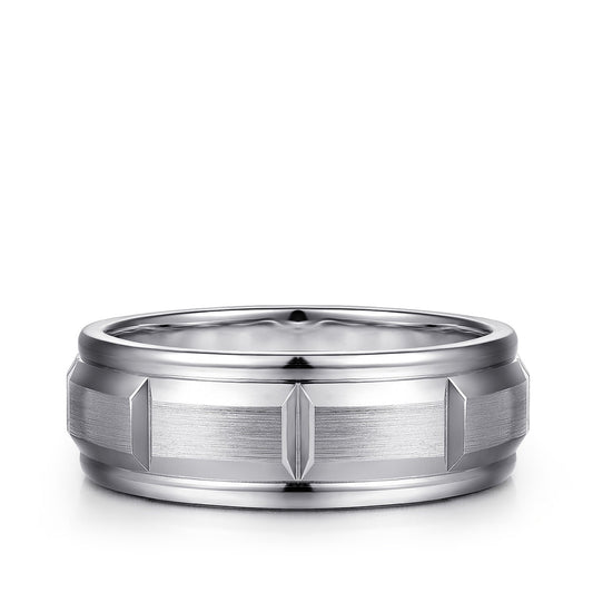 Gabriel & Co. Austin Men's 8mm Satin Finish Carved Station Wedding Ring in 14K White Gold