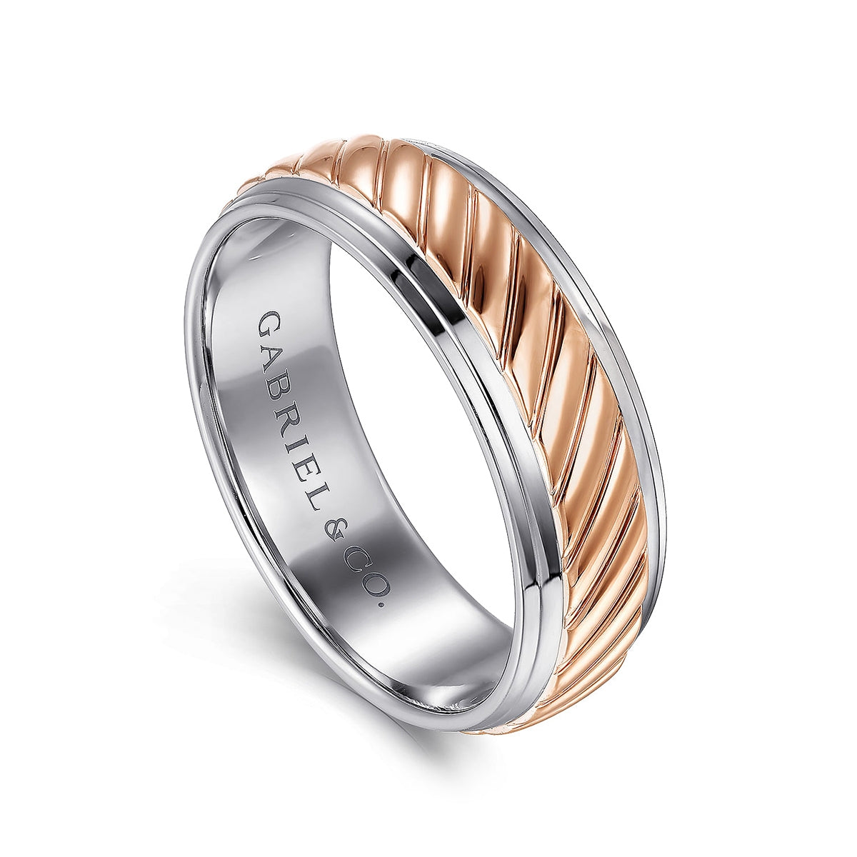 Gabriel & Co. August Men's 7mm Polished Finish Carved Wedding Ring in 14K Pink & White Gold front view