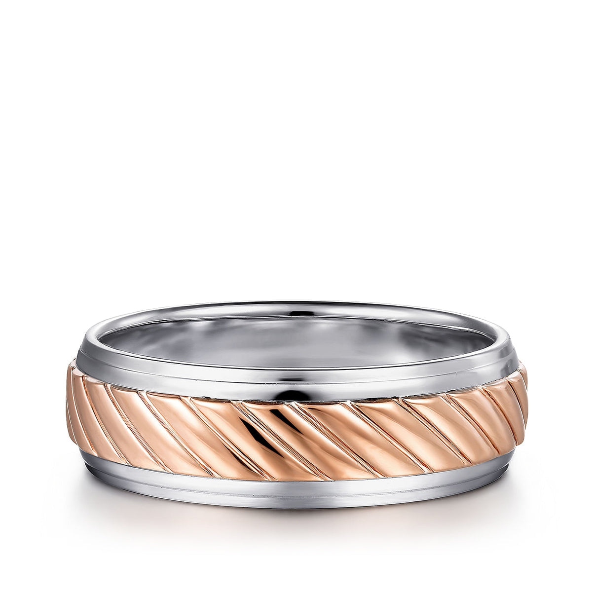 Gabriel & Co. August Men's 7mm Polished Finish Carved Wedding Ring in 14K Pink & White Gold