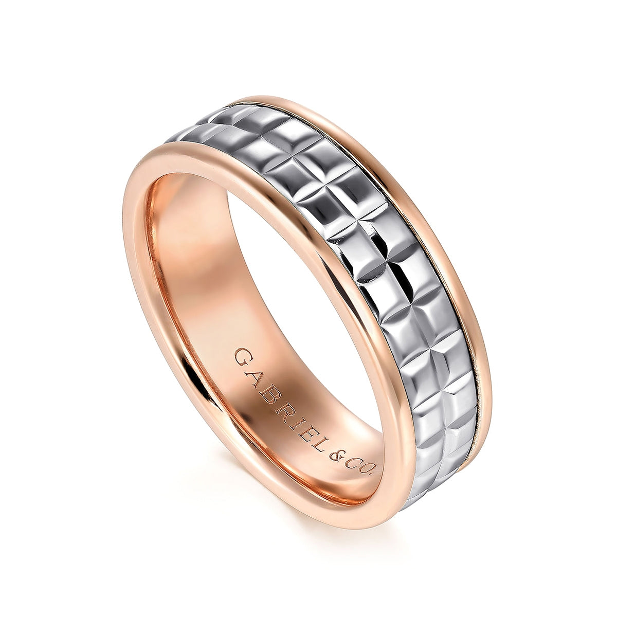 Gabriel & Co. Hugo Men's 7mm Polished Finish Square Inlay Wedding Ring in 14K White & Pink Gold front view