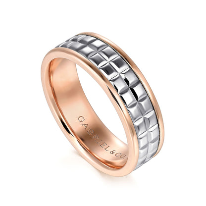 Gabriel & Co. Hugo Men's 7mm Polished Finish Square Inlay Wedding Ring in 14K White & Pink Gold front view