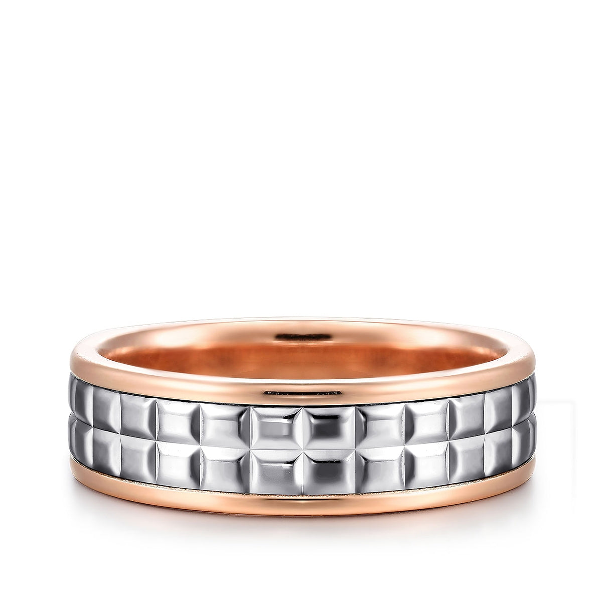 Gabriel & Co. Hugo Men's 7mm Polished Finish Square Inlay Wedding Ring in 14K White & Pink Gold
