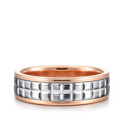 Gabriel & Co. Hugo Men's 7mm Polished Finish Square Inlay Wedding Ring in 14K White & Pink Gold