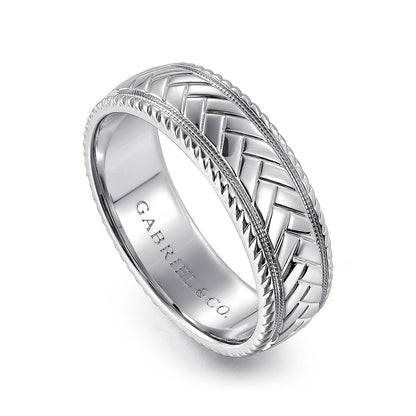 Gabriel & Co. Asher Men's 7mm Chevron Wedding Ring in 14K White Gold front view