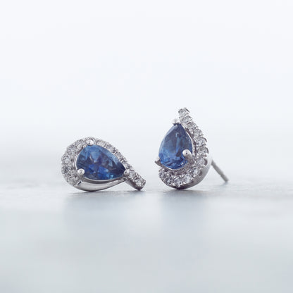 American Colors Pear Montana Sapphire & 1/8 ct. tw. Diamond Half Halo Earrings in 10K White Gold front view