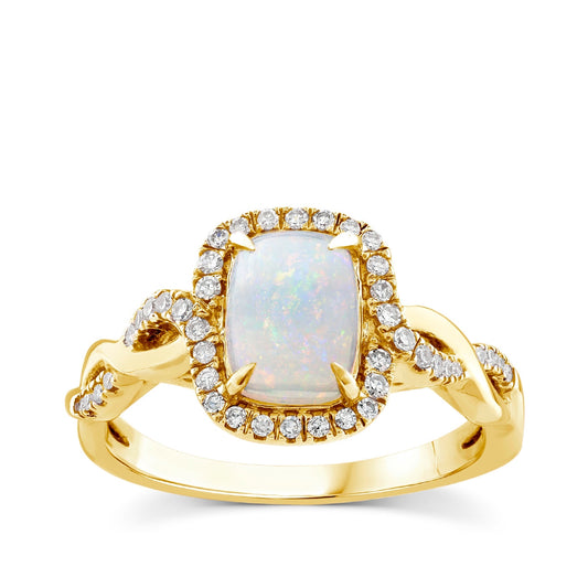 Infinite Love Cushion Opal & 1/5 ct. tw. Diamond Halo Twist Ring in 10K Yellow Gold