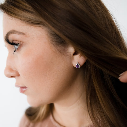 Pear Amethyst & 1/8 ct. tw. Diamond Half Halo Earrings in 10K White Gold close-up detail
