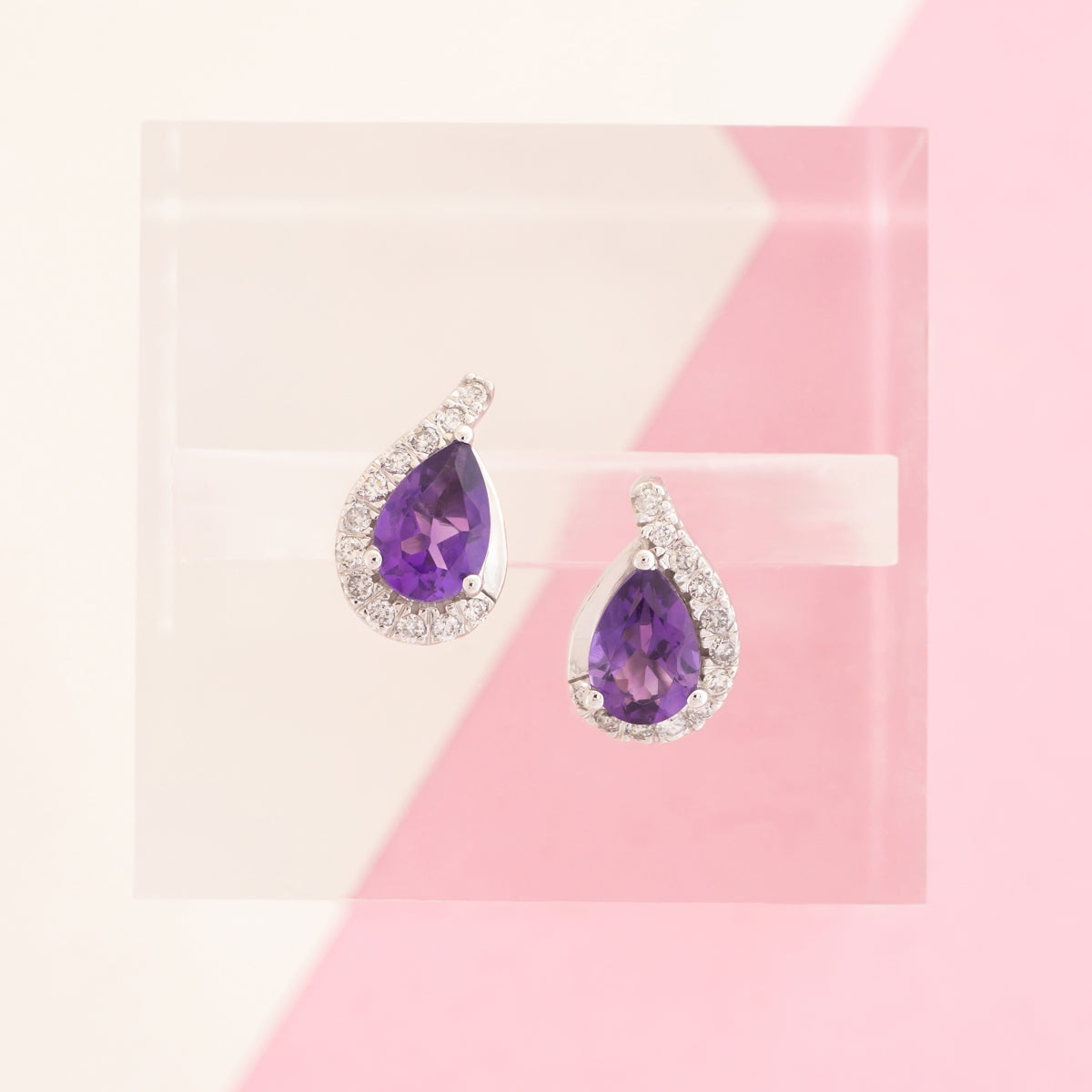 Pear Amethyst & 1/8 ct. tw. Diamond Half Halo Earrings in 10K White Gold front view