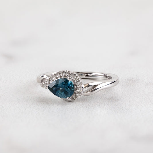 American Colors Pear Montana Sapphire & 1/10 ct. tw. Diamond Half Halo Twist Ring in 10K White Gold close-up detail