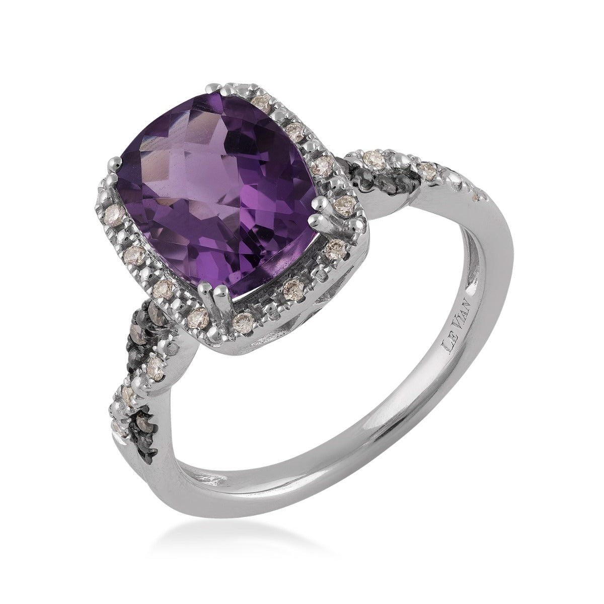 Le Vian Cushion Amethyst & 1/7 ct. tw. Nude & Chocolate Diamond Halo Twist Ring in 14K Vanilla Gold front view