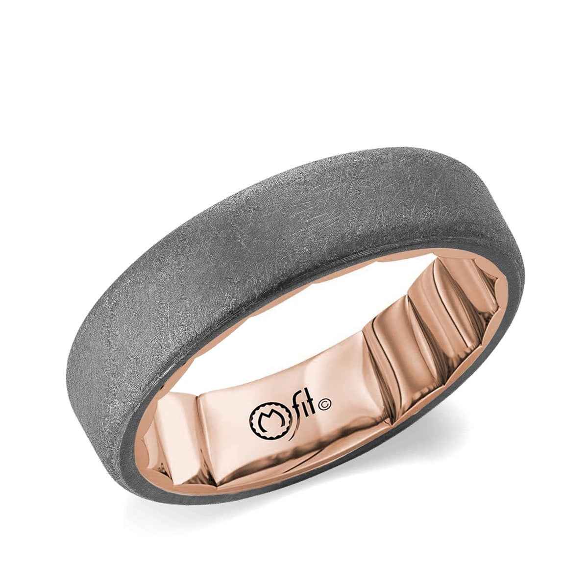 MFIT Men's 6mm Sandblast Finish Wedding Ring in Gray Tantalum & 10K Pink Gold front view