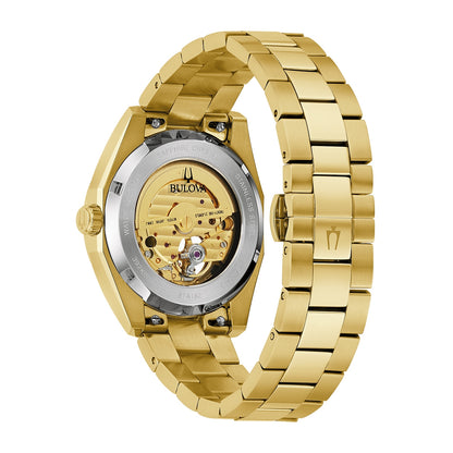 Bulova Men's Surveyor Automatic Gold-Tone Stainless Steel Watch with Champagne Open Aperture Dial close-up detail