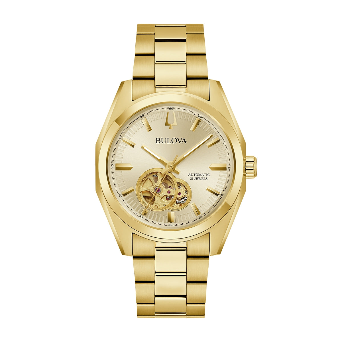 Bulova Men's Surveyor Automatic Gold-Tone Stainless Steel Watch with Champagne Open Aperture Dial