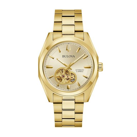 Bulova Men's Surveyor Automatic Gold-Tone Stainless Steel Watch with Champagne Open Aperture Dial