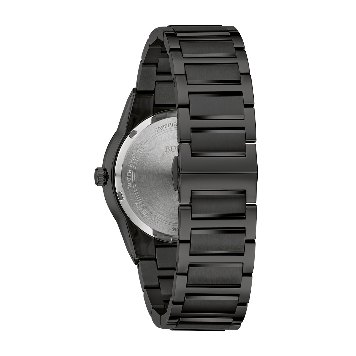 Bulova Men's Millennia Quartz Black Stainless Steel Watch with Black & Gold Dial close-up detail