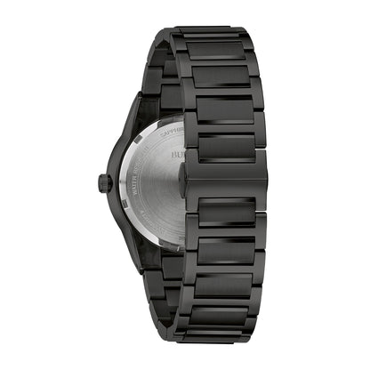 Bulova Men's Millennia Quartz Black Stainless Steel Watch with Black & Gold Dial close-up detail