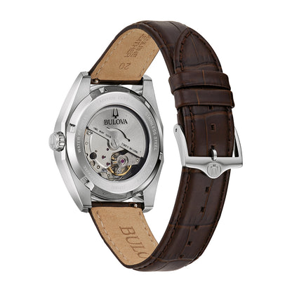 Bulova Men's Surveyor Automatic Stainless Steel Watch with Light Green Dial & Leather Strap close-up detail