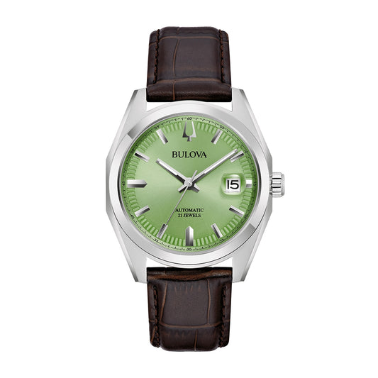 Bulova Men's Surveyor Automatic Stainless Steel Watch with Light Green Dial & Leather Strap