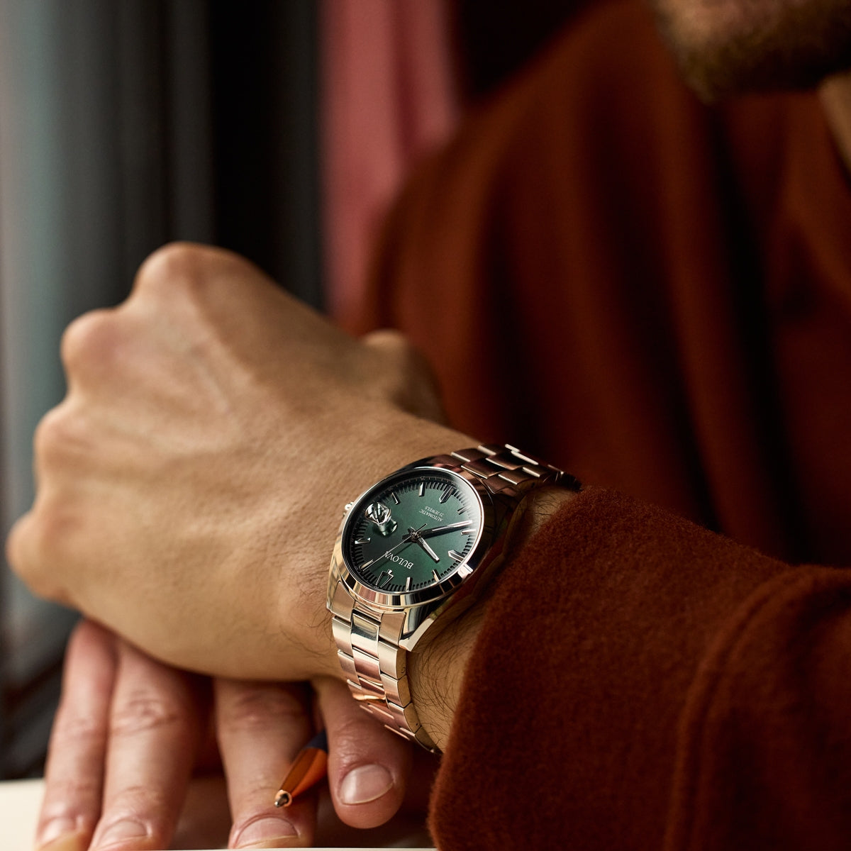 Bulova Surveyor Automatic Stainless Steel Watch with Green Dial side profile