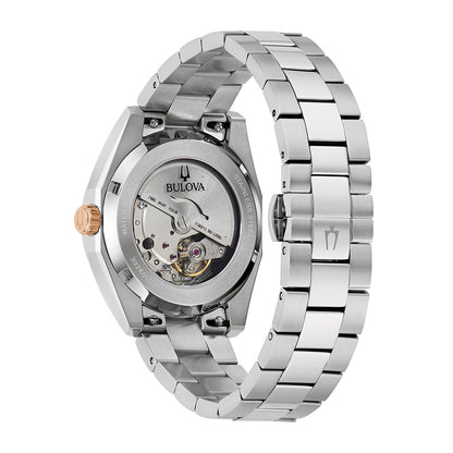Bulova Men's Surveyor Automatic Stainless Steel Watch with Burgundy Dial close-up detail